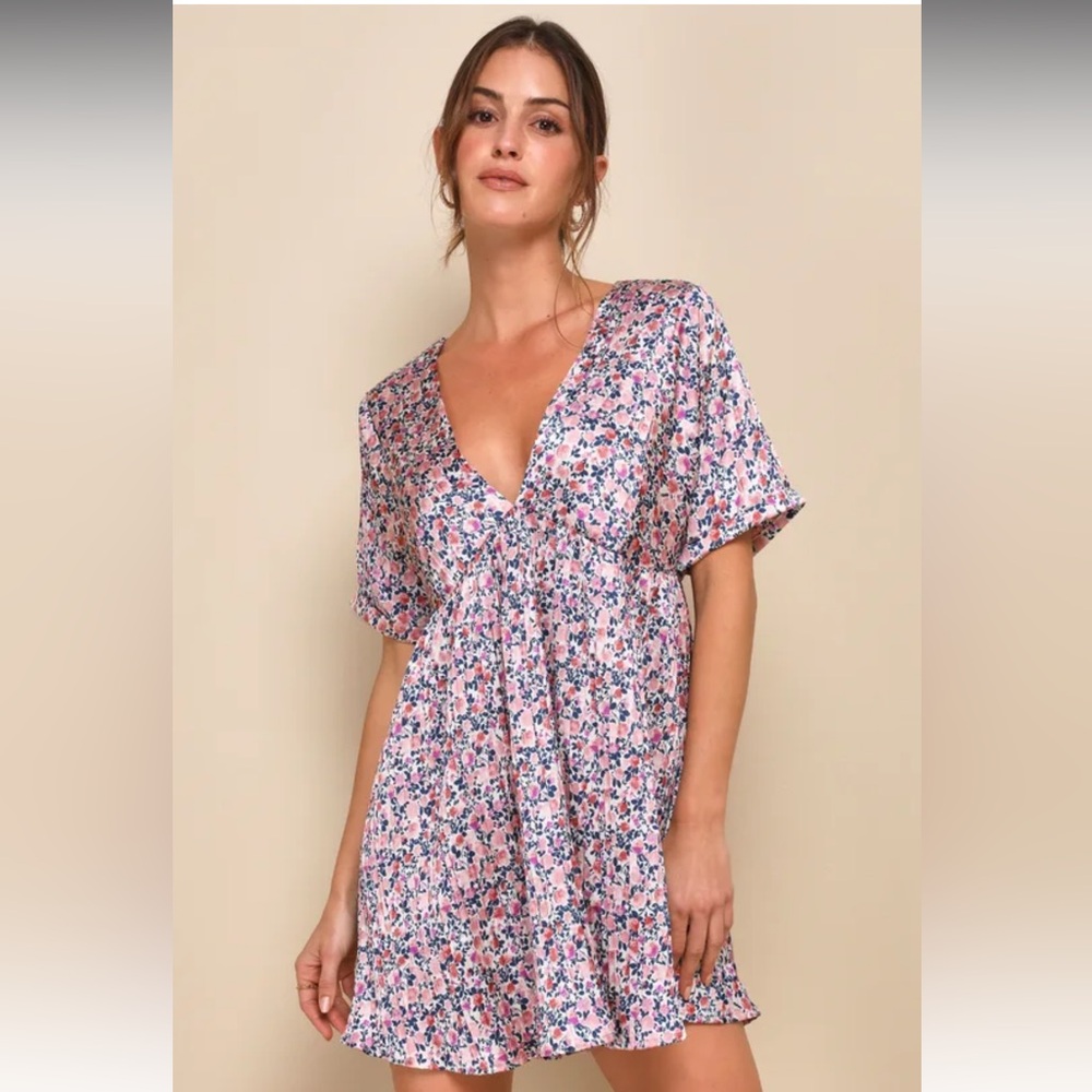 Lulus Express Yourself Blush Pink Floral Print Satin Babydoll Dress